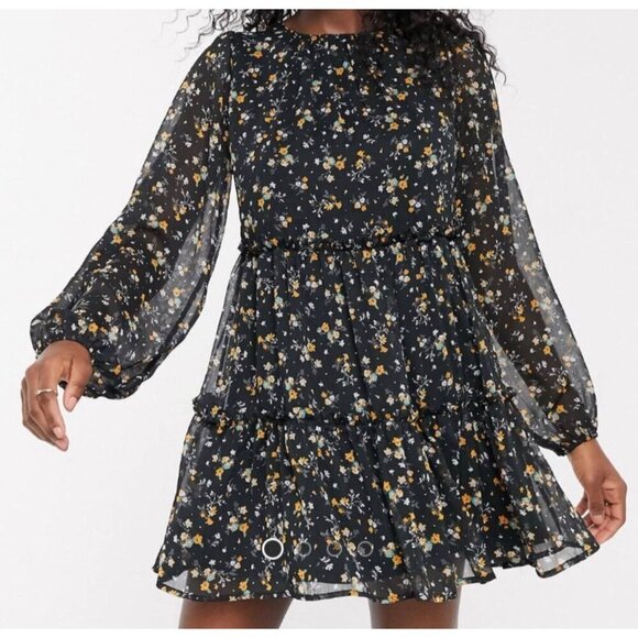 Pull&Bear Dresses & Skirts - Pull & Bear Black Ditsy Floral Tiered Dress Babydoll Balloon Sleeve Women's L